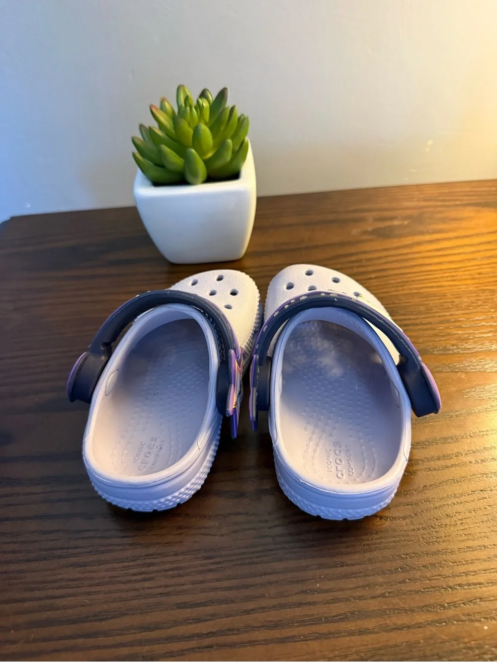 CROCS Kids Classic Clog in Lavender with Navy Strap and Unicorn Charm